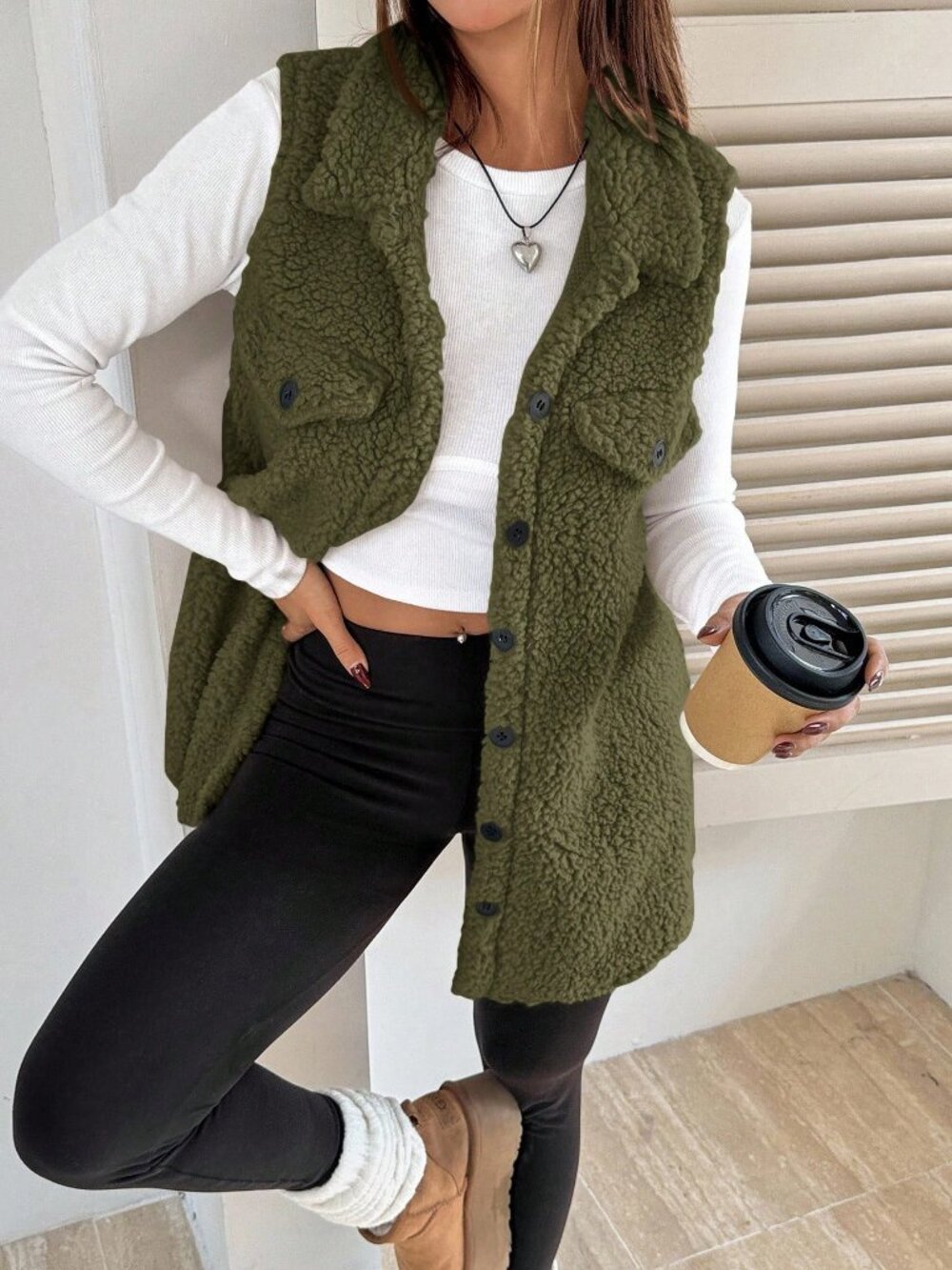 Olive Green Casual Women's Flap Detail Single Breasted Teddy Vest Coat
